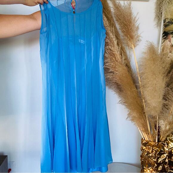 CALVIN KLEIN Blue Button Sheer Chiffon Back Pleated Stripe Knee Length Dress 6 - Picture 7 of 10